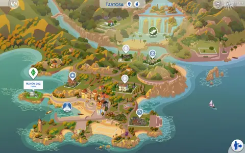Mapa Tartosa w The Sims 4: malownicza wyspa z domami, plażami i wodospadami.