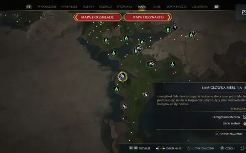 Mapa Hogwartu z zaznaczonymi zagadkami Merlina. Opis wyjaśnia, że to zadania stworzone przez Merlina.