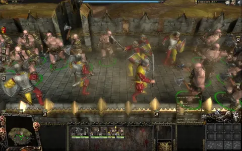 Starcia w Warhammer: Mark of Chaos. Żołnierze w zbrojach walczą z potężnymi wojownikami.