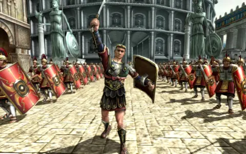 Rzymski legionista z mieczem wzniesionym ku górze, symbolizujący potęgę i upadek imperium. W tle kolumnada i żołnierze.