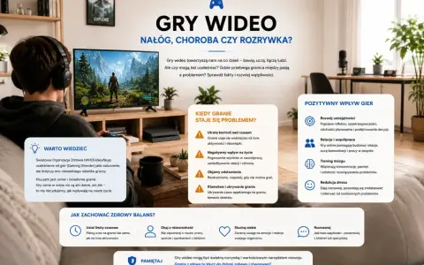 Chłopak gra w gry wideo, które mogą być rozrywką lub nałogiem. Kluczem jest umiar i świadome granie, by czerpać z nich korzyści.