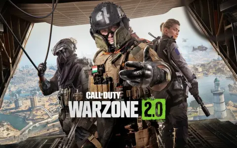 Trzech żołnierzy w pełnym rynsztunku, gotowych do akcji w **Warzone 2.0**. Widok z helikoptera na miasto i morze.