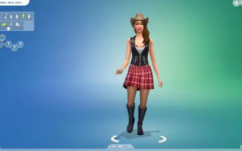Symulator życia z **mod na więcej cech the sims 4**. Dziewczyna w kowbojskim kapeluszu i kratce.