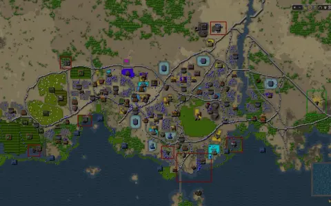 Mapa z gry Songs of Syx: rozbudowana osada nad wodą, z polami, lasami i zaznaczonymi obszarami.