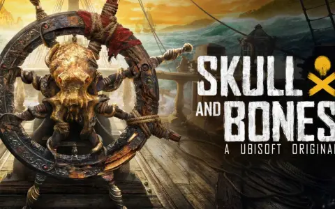 Koło sterowe z czaszką i kośćmi, w tle sztormowe morze i żaglowce. Tytuł gry "Skull and Bones".