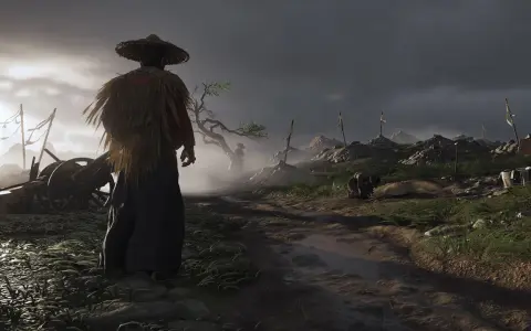 Samuraj w słomkowym kapeluszu stoi na poboczu drogi, obserwując pole bitwy z gry Ghost of Tsushima.