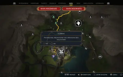 Mapa Hogwartu z opcją "Czekaj", przydatna w **Hogwarts Legacy poradnik**. Pozwala przesunąć czas.