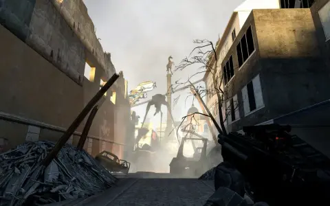 Zniszczone miasto w Half-Life 2 Remastered. W oddali widać maszynę kroczącą Combine.