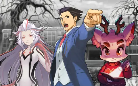 Trzech bohaterów z gry typu visual novel: mężczyzna w garniturze wskazuje palcem, obok niego kobieta w białym stroju i urocza różowa postać z książką i latarką.