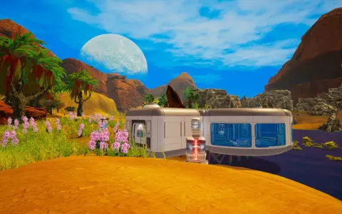 Kolonia na obcej planecie, gdzie planet crafter buduje bazę wśród palm i różowych kwiatów, pod wielkim księżycem.