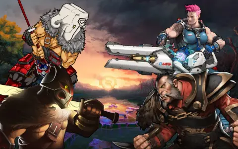 Postacie z gier podobnych do League of Legends, w tym wojownik z maską, barbarzyńca i kobieta z bronią, na tle fantastycznego krajobrazu.