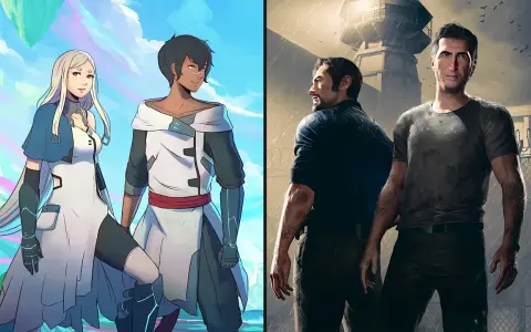 Dwie pary bohaterów, jedna w stylu anime na tle fantastycznego świata, druga realistyczna, w deszczu przed więzieniem. Gry podobne do A Way Out często łączą takie klimaty.
