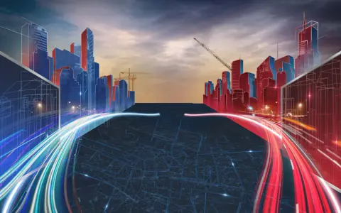 Futurystyczne miasto w budowie, z neonowymi światłami i liniami ruchu, jakby to była gra w budowę miasta.