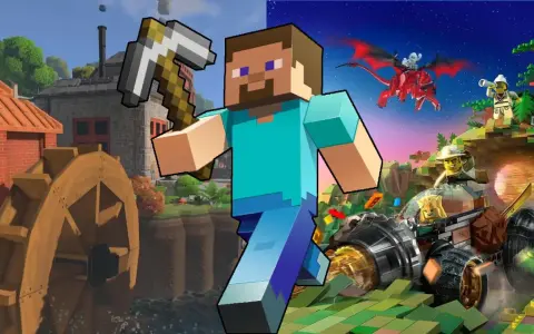 Steve z kilofem w ręku, obok niego światy inspirowane grami podobnymi do Minecrafta: z młynem wodnym i smoczym pościgiem w stylu Lego.