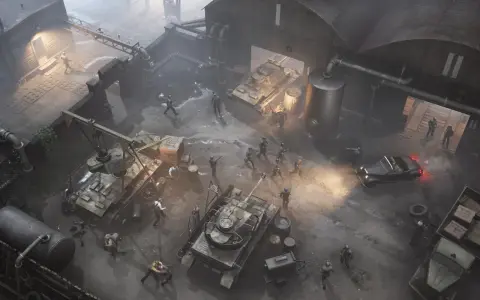 Scena wojenna z czołgami i żołnierzami, jakby z gry "War Mongrels". Wszędzie chaos i ruch.