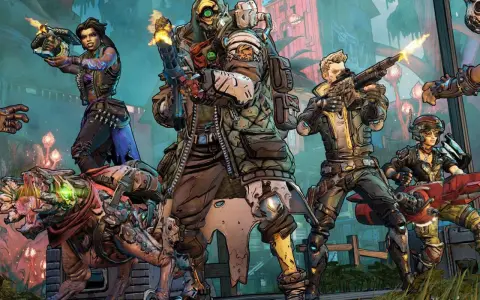 Postacie z gry looter shooter, w tym mężczyzna z robotycznym okiem, kobieta z fioletowymi włosami i pies-potwór, gotowi do walki.