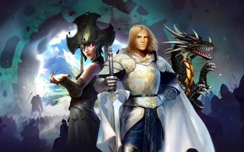 Rycerz, kobieta w hełmie i smok stoją na tle armii. Klimat jak w grach podobnych do Heroes 3.