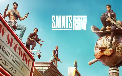 Postacie z gry Saints Row pozują z bronią na tle neonowego miasta.