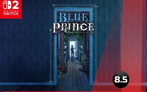 Okładka gry "Blue Prince" na Nintendo Switch. Wąski korytarz z drzwiami na końcu, przez które widać postać.