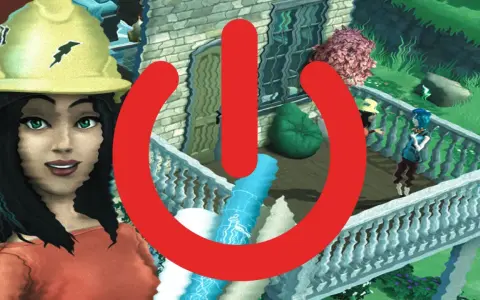 Kobieta w kasku budowlanym i czerwony symbol zasilania na tle domu z Simsów. Czas zacząć grę w The Sims Mobile!