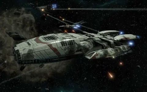 Bitwa kosmiczna w stylu Battlestar Galactica Deadlock. Statek zwiadowczy otoczony asteroidami, w tle widać inne jednostki i ślady walki.