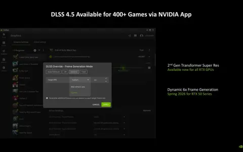 NVIDIA App pokazuje, jak włączyć DLSS dla gry Call of Duty: Black Ops, ustawiając tryb generowania klatek.
