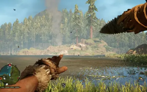Gracz w grze survivalowej, podobnej do Far Cry, celuje z prymitywnej broni w kierunku jeziora i lasu.