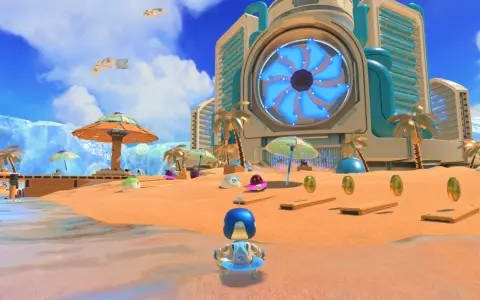 Astro playroom na plaży. Robot w kółku do pływania, monety i urocze stworki na piasku. W tle futurystyczny budynek z wielkim niebieskim wentylatorem.