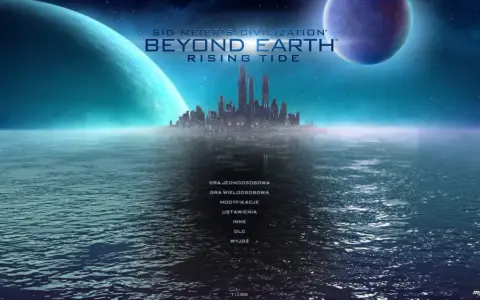 Widok na futurystyczne miasto na wodzie pod dwoma obcymi planetami. Odkryj nowe światy w grze **Beyond Earth**.