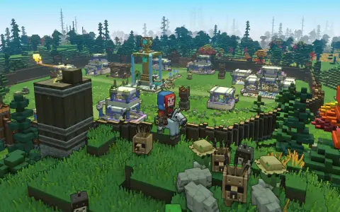 Postać na koniu przemierza wioskę w grze Minecraft Legends, otoczoną lasem i budynkami.