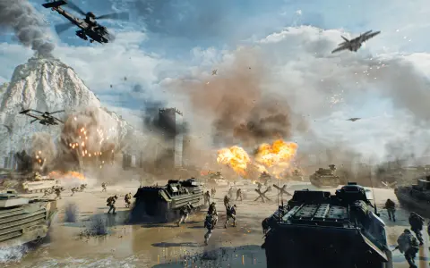 Intensywna bitwa na plaży, czołgi i żołnierze w akcji, helikoptery i myśliwce na niebie. To scena z Battlefield 6.