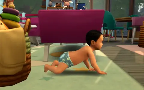 Mały Sim w pieluszce z liśćmi raczkuje po dywanie. To urocze mody dla niemowląt The Sims 4.