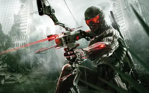 Żołnierz w zaawansowanym kombinezonie celuje z łuku z laserową strzałą w zniszczonym mieście. To zapowiedź Crysis 4.