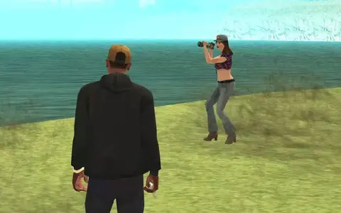 CJ w GTA SA VR próbuje zrobić zdjęcie z dziewczyną nad wodą.