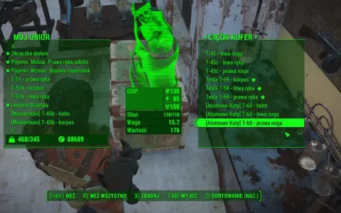 Fallout 4 poradnik: ekwipunek gracza z pancerzem i kufrem pełnym części do Power Armor.