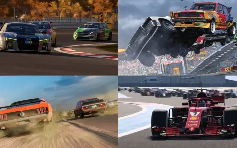 Kolaż scen z gier samochodowych: wyścigi na torze, szalona jazda terenowa, kraksy i bolidy F1.