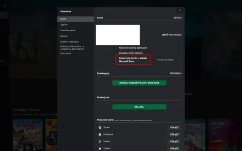Ustawienia konta Xbox, opcja "Zmień moje konto w sklepie Microsoft Store" sugeruje możliwości związane z xbox game pass współdzielenie konta.