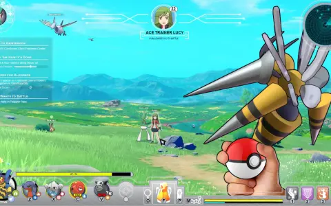 Gracz w gry pokemon przygotowuje się do bitwy z Trenerką Lucy. W ręku trzyma Poké Balla, a na ekranie widnieją cele misji.