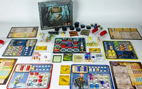 Plansza do gry "Too Many Bones" z kostkami, żetonami i kartami, gotowa do epickiej przygody w stylu gry RPG.