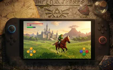 Link na koniu pędzi przez łąki w stronę zamku w grze Ocarina of Time na Switch.