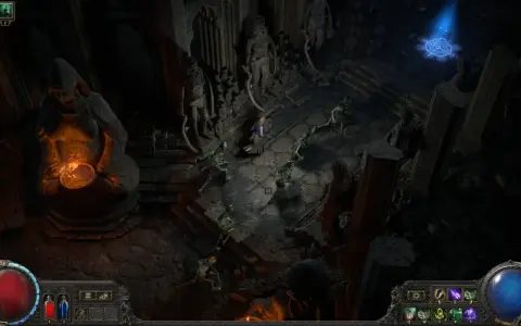 Postać walczy z szkieletami w mrocznej lokacji, przypominającej ruiny. To scena z Path of Exile 2.