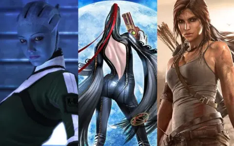 Trzy ikoniczne postacie z gier: niebieskoskóra Liara T'Soni, seksowna Bayonetta i dzielna Lara Croft.
