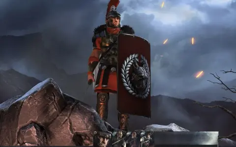 Rzymski legionista z tarczą w kształcie wilka, gotowy do walki w **Total War Arena**. Na niebie płoną pochodnie.