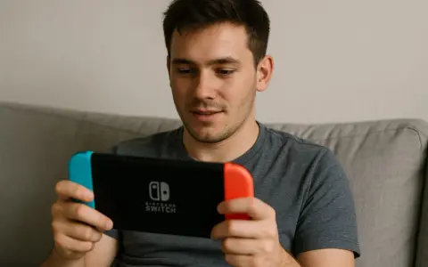 Mężczyzna gra na konsoli Nintendo Switch, szukając najlepszych gier na Switch.
