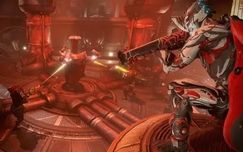 Dwóch graczy w futurystycznych zbrojach walczy w mrocznym, industrialnym otoczeniu. To dynamiczna scena z gry mmo.