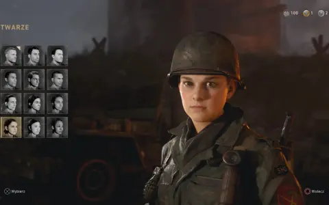 Wybór twarzy żołnierza w grze Call of Duty 2. Widoczna postać w hełmie, obok miniatur innych postaci.