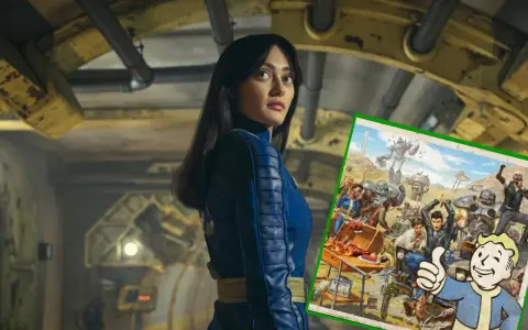 Kobieta w niebieskim kombinezonie z serii Fallout, obok wesoły Vault Boy i scena z postapokaliptycznego świata.