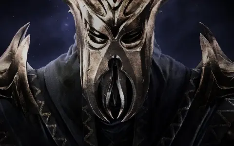 Postać w złotej masce z gry Skyrim, symbol najlepszych modów do Skyrima.