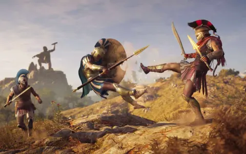 Spartanie walczą w Assassin's Creed Odyssey. Jeden z nich wykonuje kopnięcie, drugi blokuje tarczą.