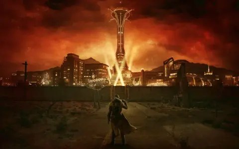 Postapokaliptyczny krajobraz z wieżą Lucky 38 w tle, nawiązujący do gry Fallout: New Vegas PCR.